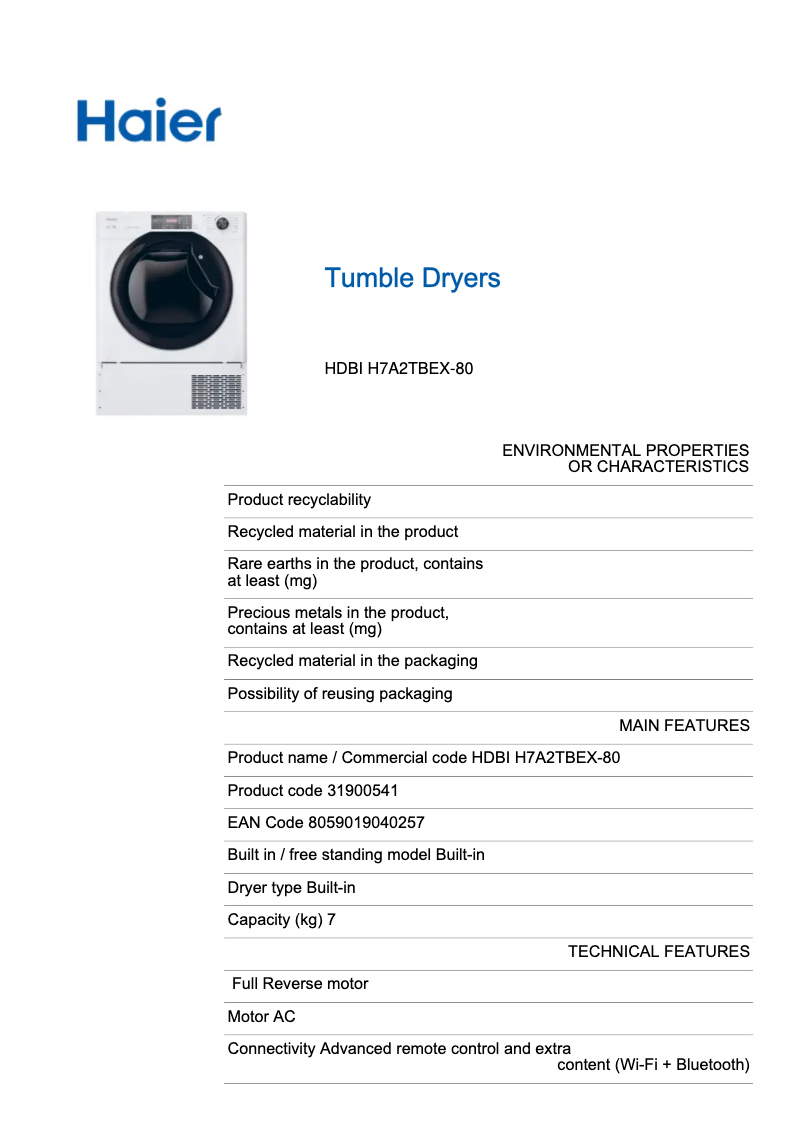 Image de la première page du manuel de l'appareil HDBI H7A2TBEX-80