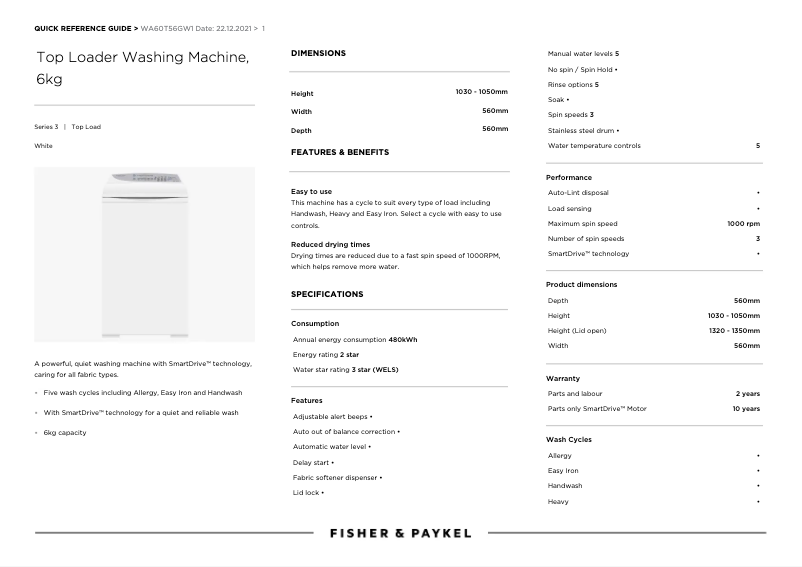 Page 1 of the manual User Manual Fisher & Paykel WA60T56GW1