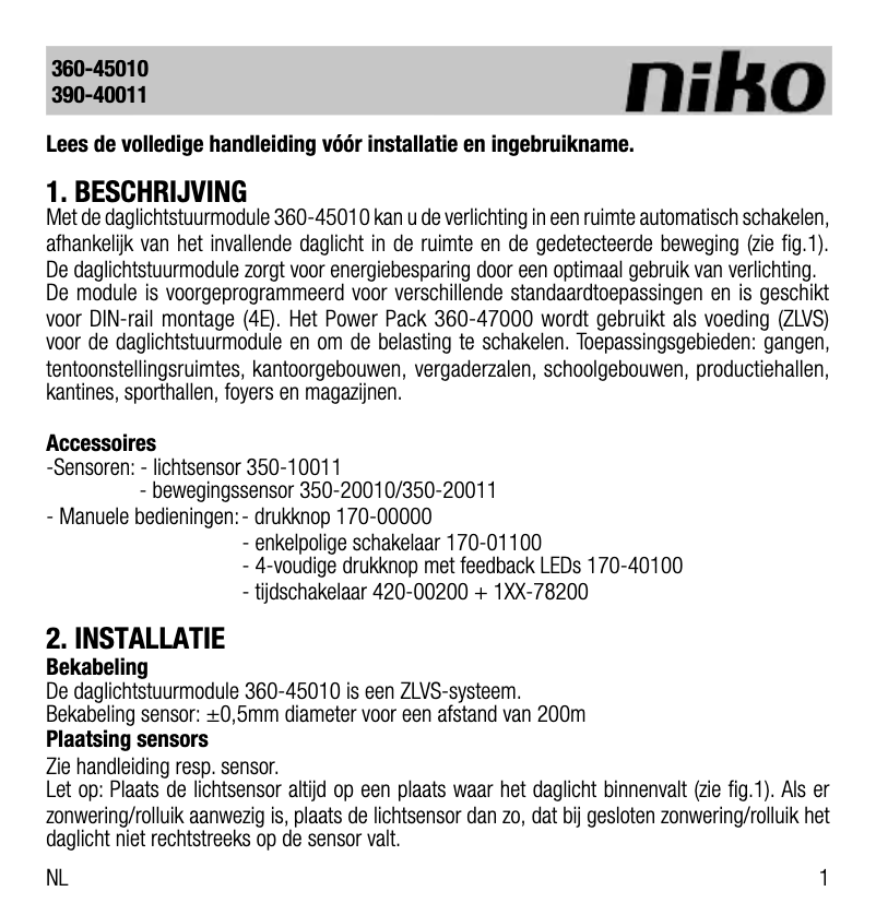 Page 1 de la notice Manuel utilisateur Niko 360-45010