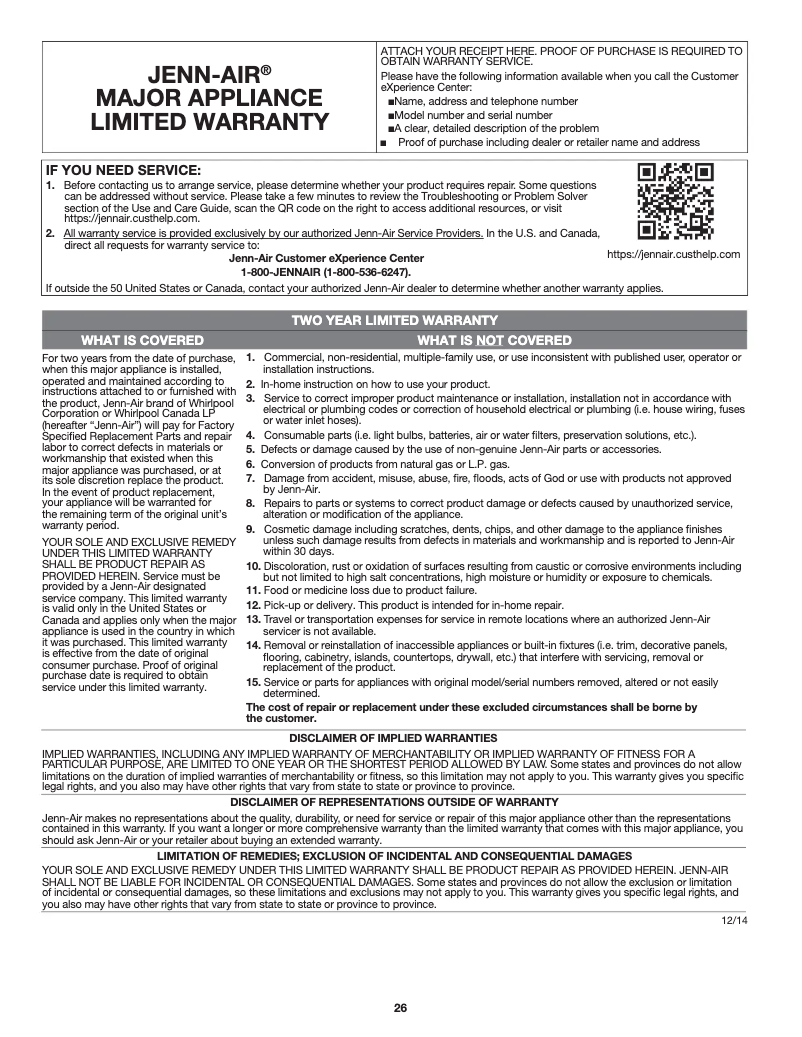 Page 1 de la notice Informations de garantie JennAir JIS1450CDS