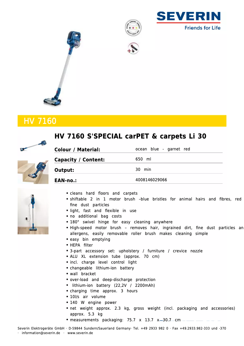 Page 1 de la notice Manuel utilisateur Severin HV 7160