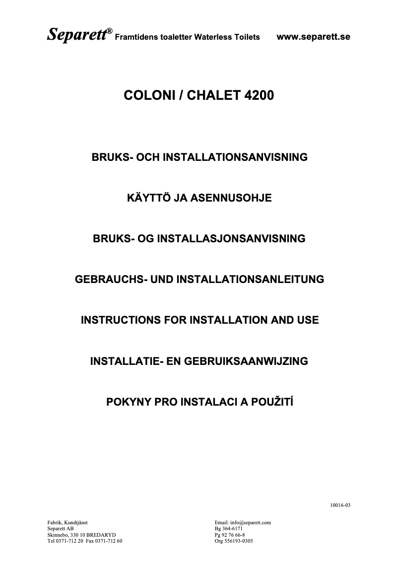 Page n°1 - Manuel utilisateur Separett Coloni 4200