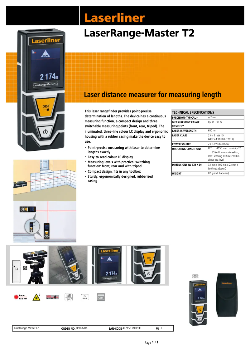 Page 1 de la notice Fiche technique Laserliner LaserRange-Master T2