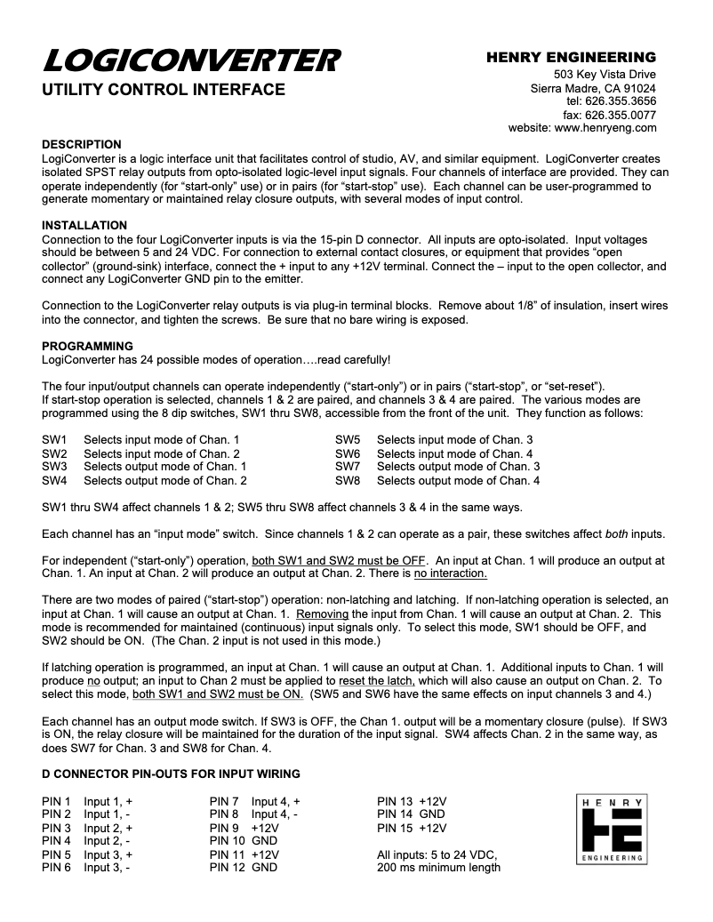 Page 1 de la notice Manuel utilisateur Henry Engineering LogiConverter
