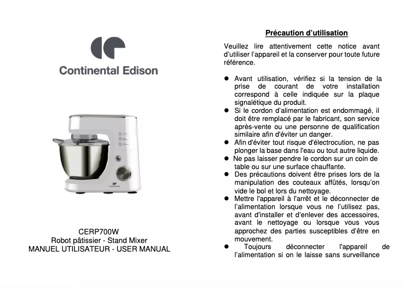 Page 1 de la notice Manuel utilisateur Continental Edison CERP700W