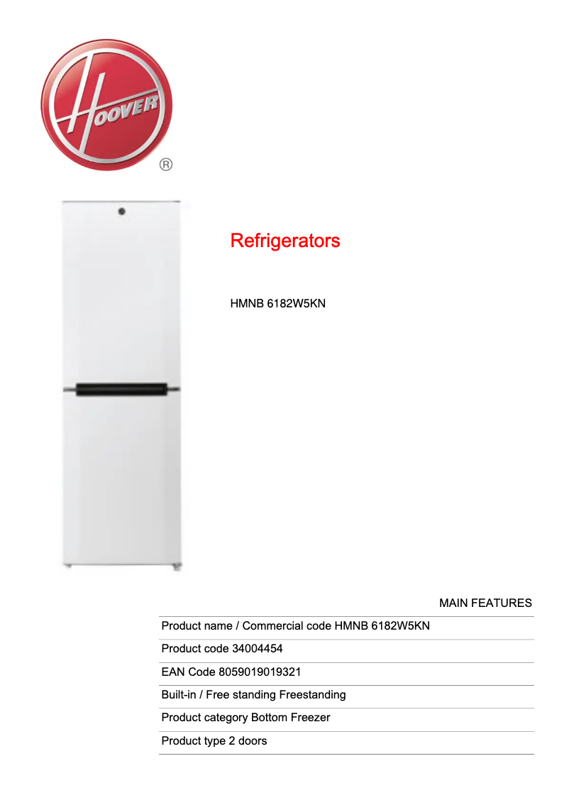 Page 1 de la notice Fiche technique Hoover HMNB 6182W5KN