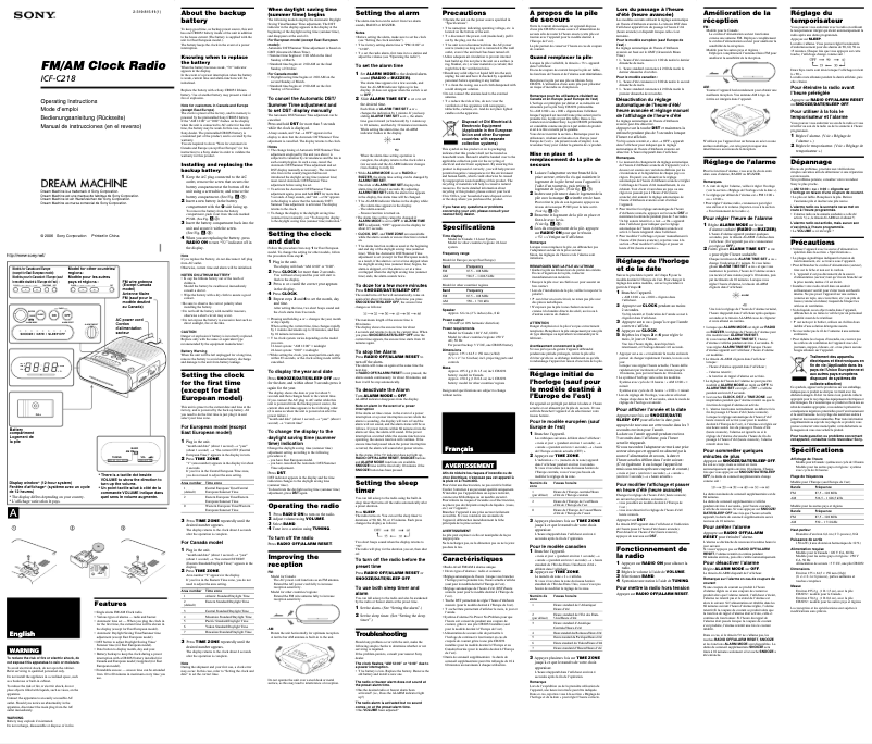 Image de la première page du manuel de l'appareil ICF-C218