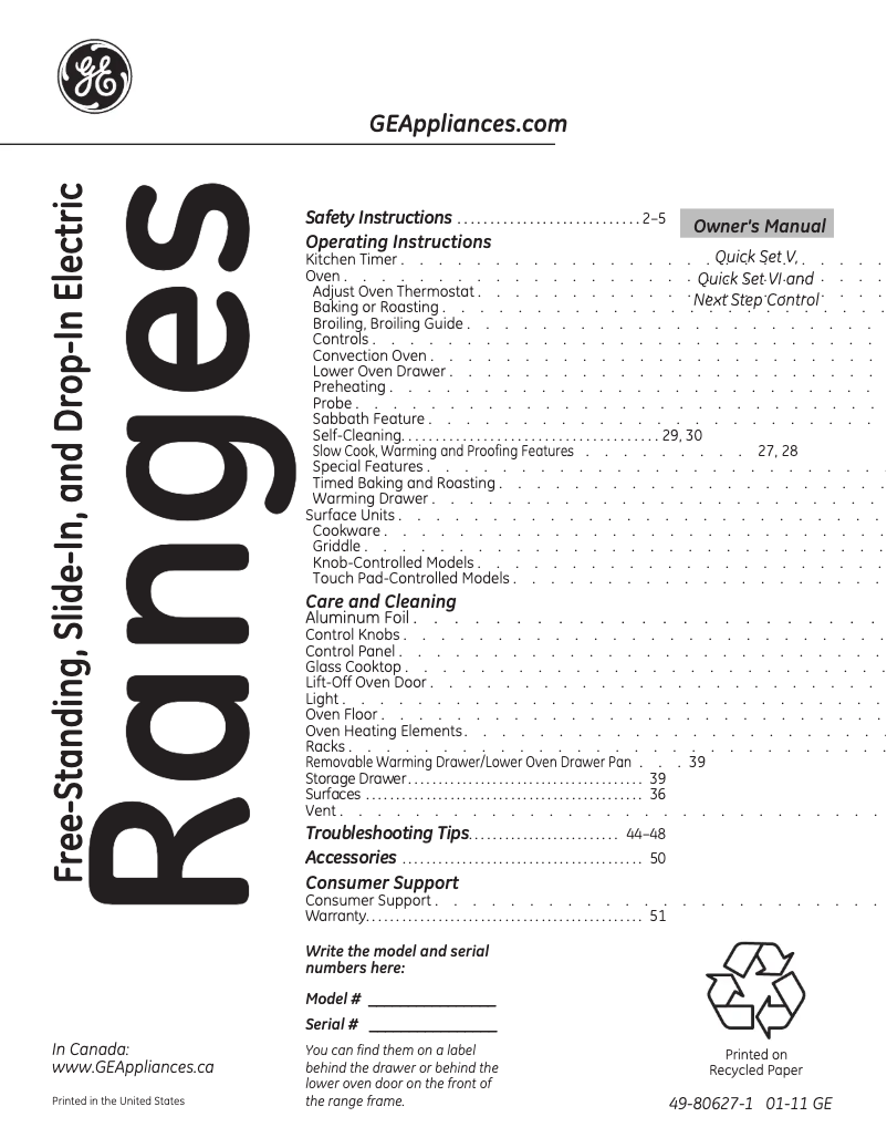 Page n°1 - Manuel d'utilisation et d'entretien GE JB850SPSS