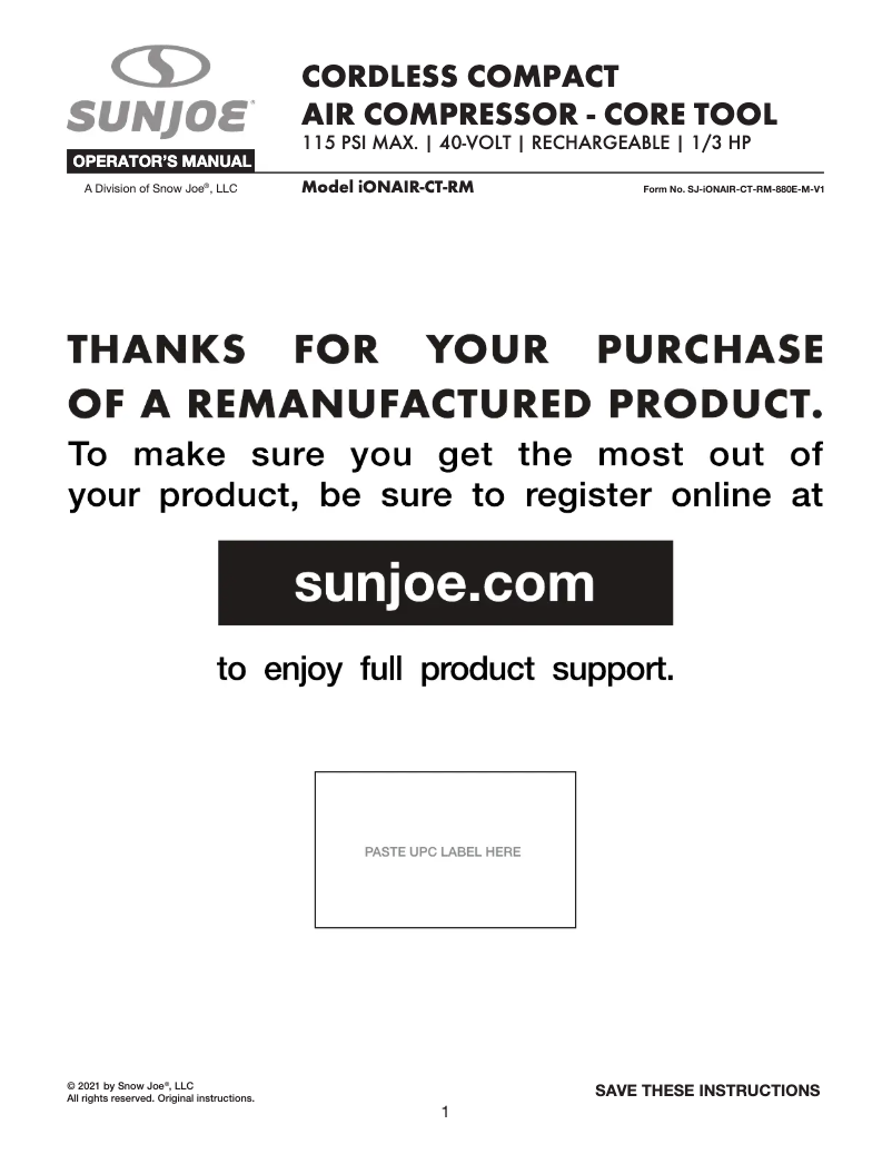 Page 1 de la notice Manuel utilisateur Sun Joe IONAIR-CT-RM