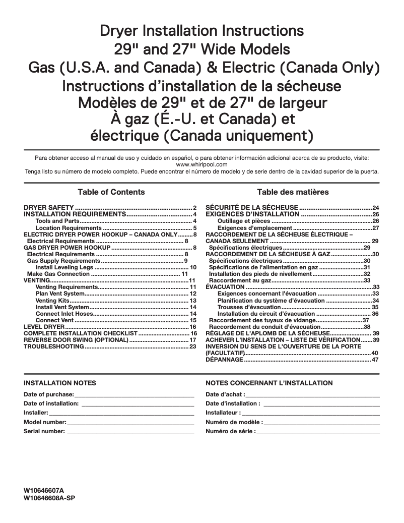 Página 1 del manual Guía de instalación Whirlpool WGD49STBW