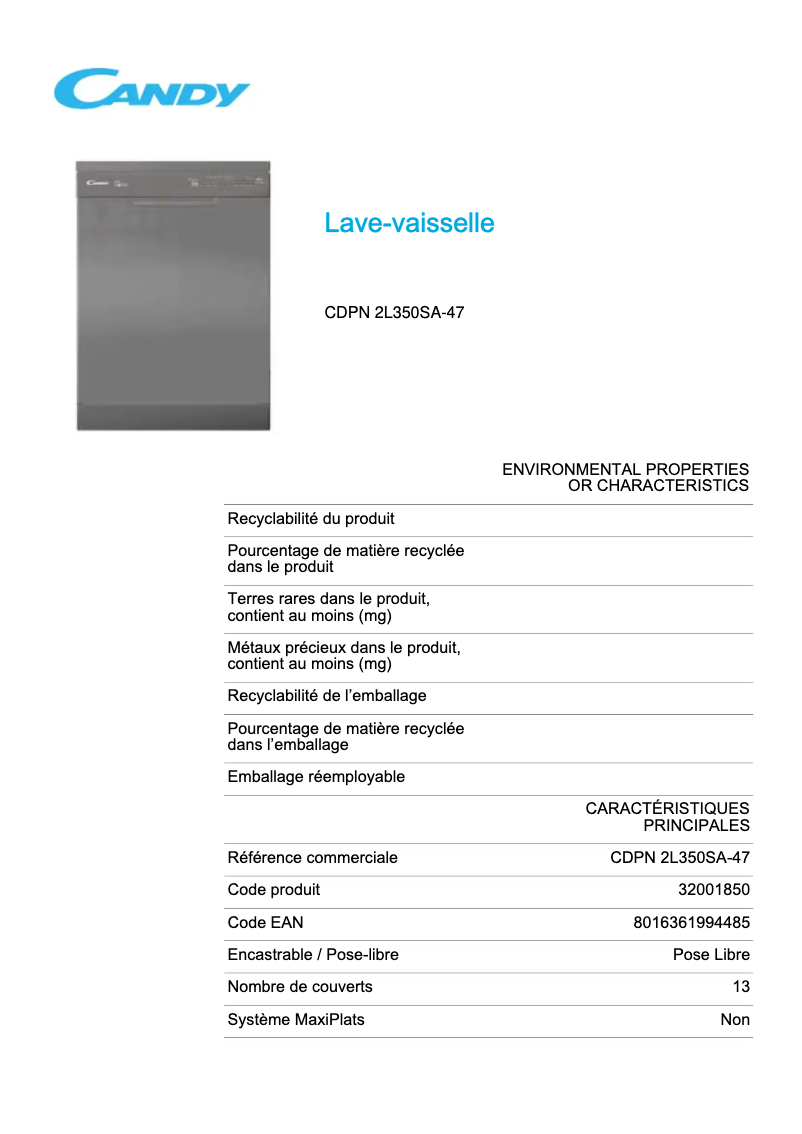 Image de la première page du manuel de l'appareil CDPN 2L350SA-47