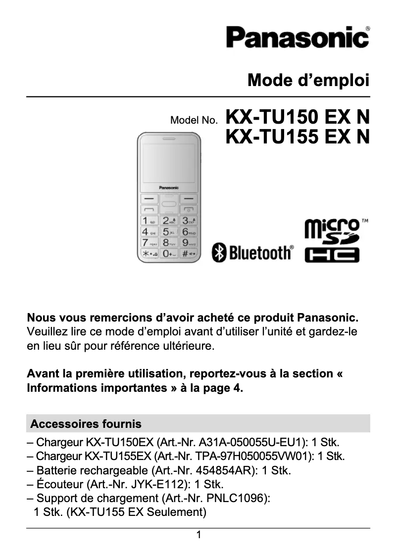 Image de la première page du manuel de l'appareil KX-TU155EXRN