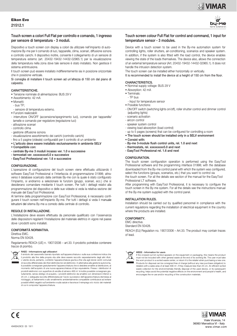 Page n°1 - Manuel utilisateur Vimar R21512.1.B