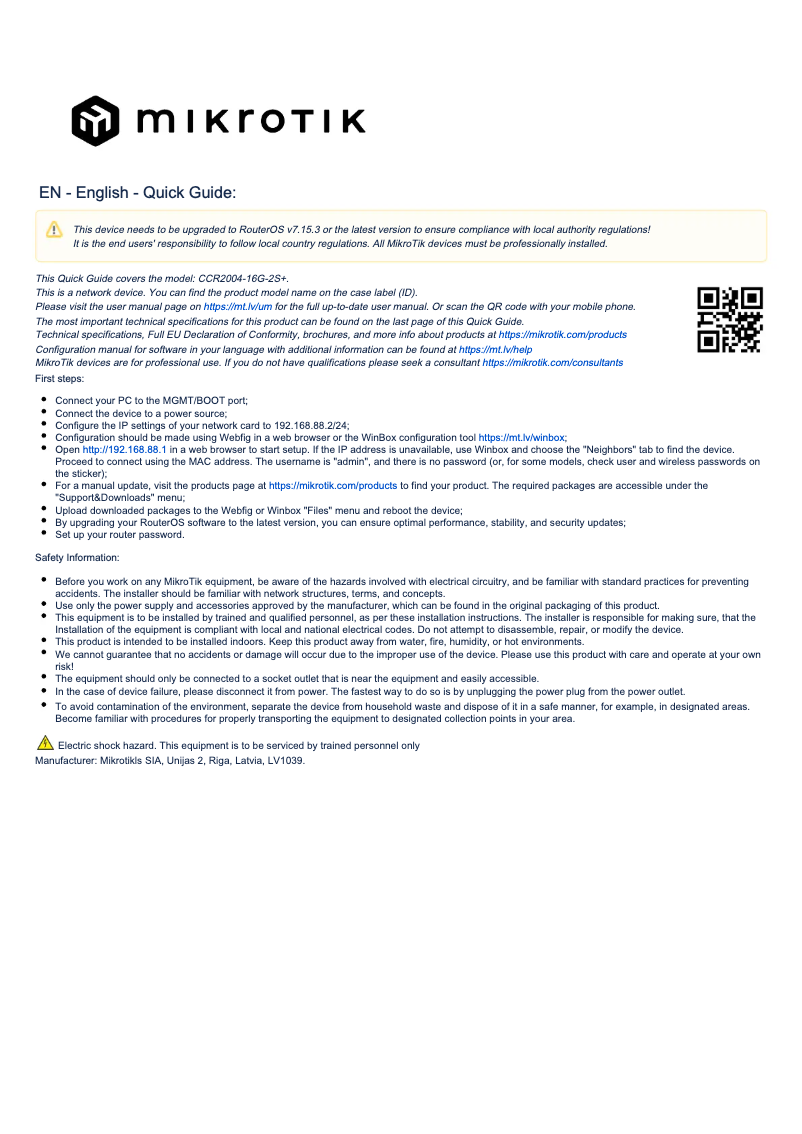 Page n°1 - Manuel utilisateur Mikrotik CCR2004-16G-2S+