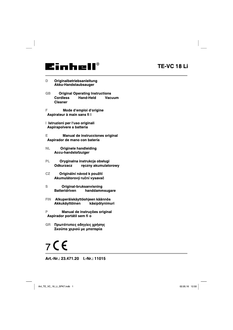 Page n°1 - Manuel utilisateur Einhell TE-VC 18 Li