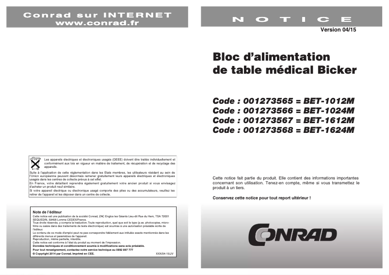 Page n°1 - Manuel utilisateur Bicker Elektronik BET-1624M