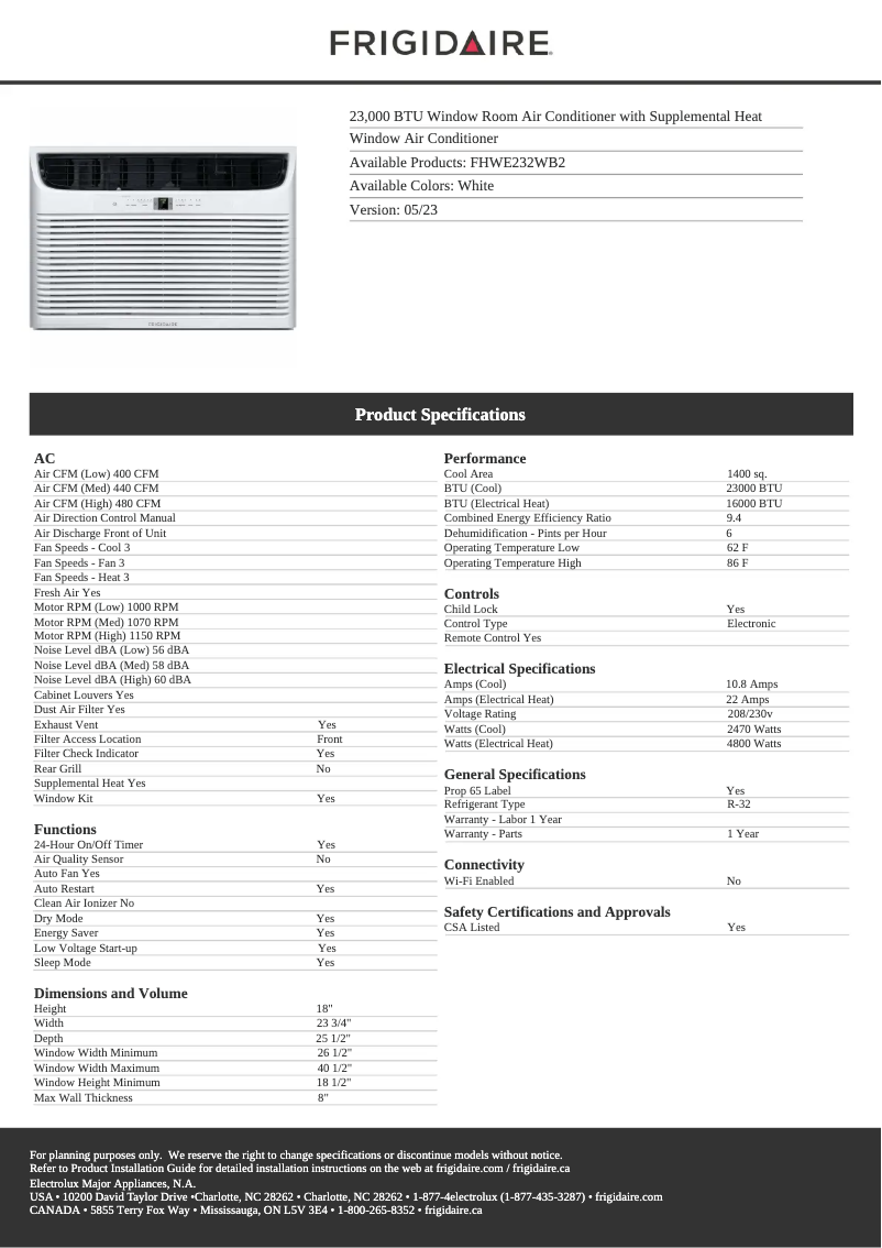 Página 1 del manual Ficha técnica Frigidaire FHWE232WB2