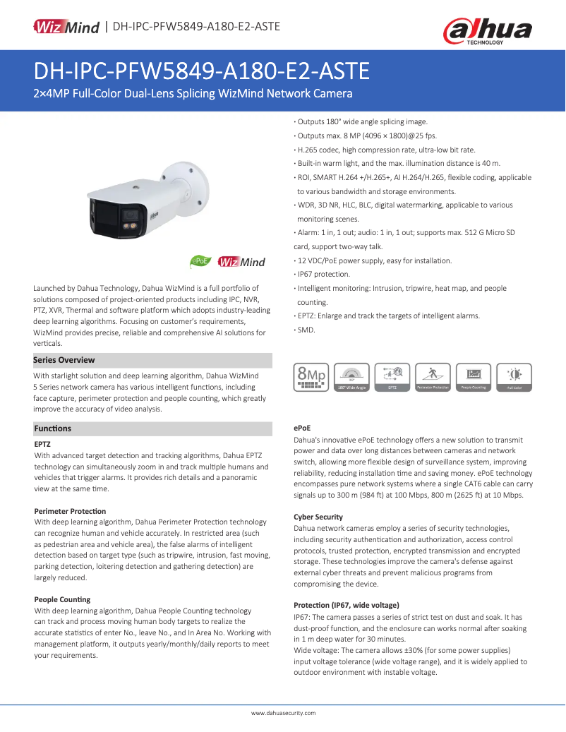 Page 1 de la notice Fiche technique Dahua Technology IPC-PFW5849-A180-E2-ASTE