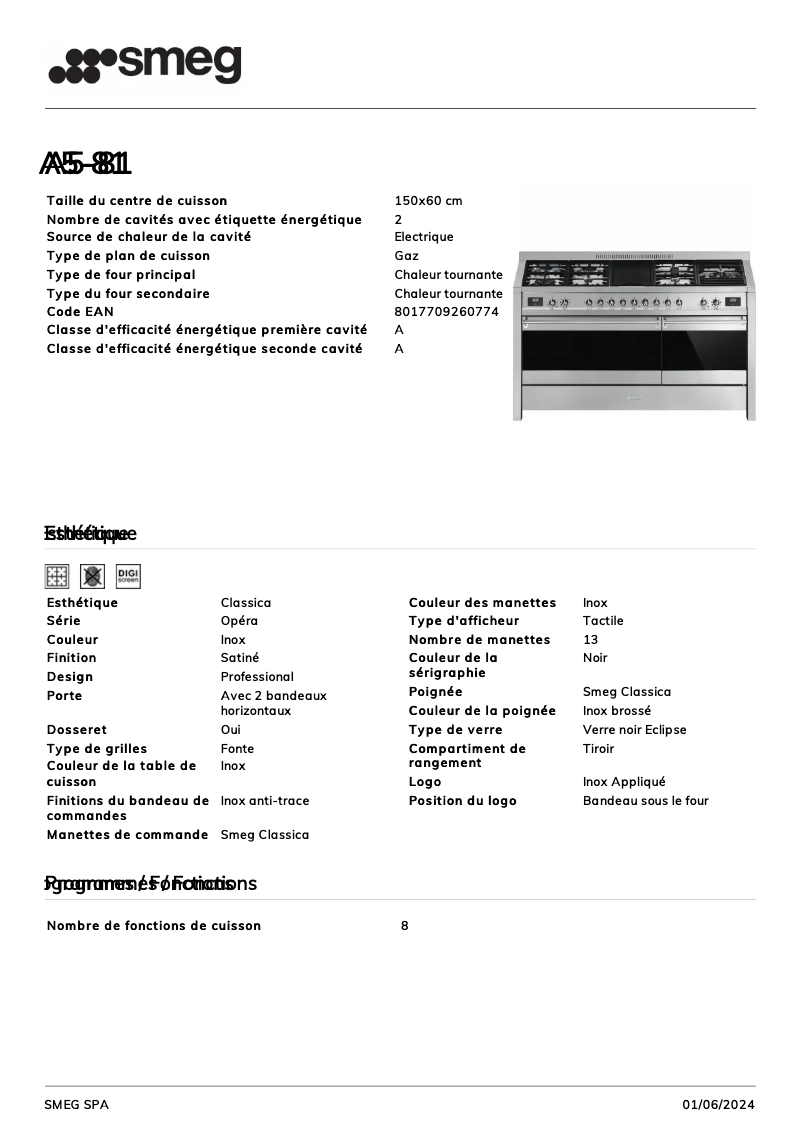 Página 1 del manual Ficha técnica Smeg A5-81