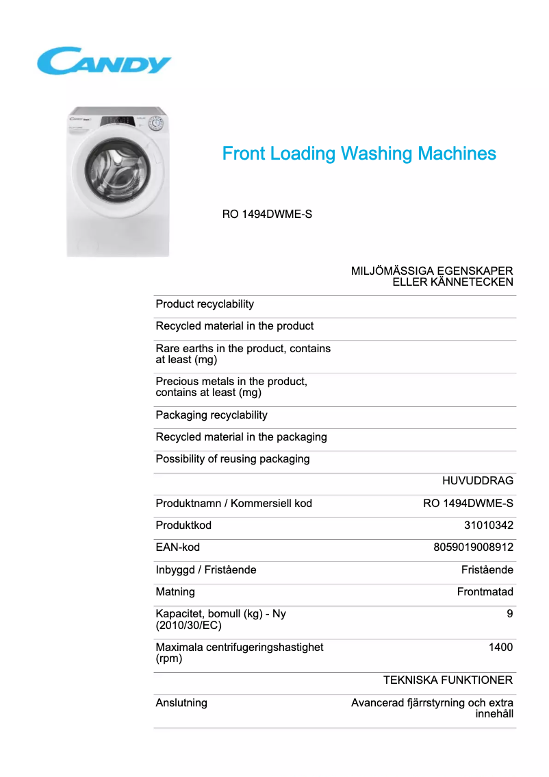 Page 1 de la notice Fiche technique Candy RO 1494DWME/1-S