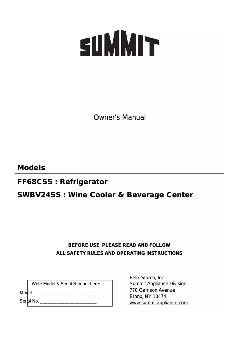 Page n°1 - Manuel utilisateur Summit SWBV24SS