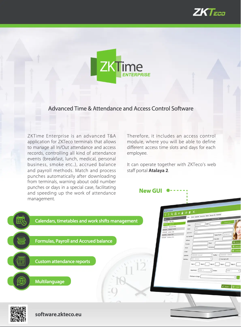Page 1 de la notice Fiche technique ZKTeco ZKTime Enterprise
