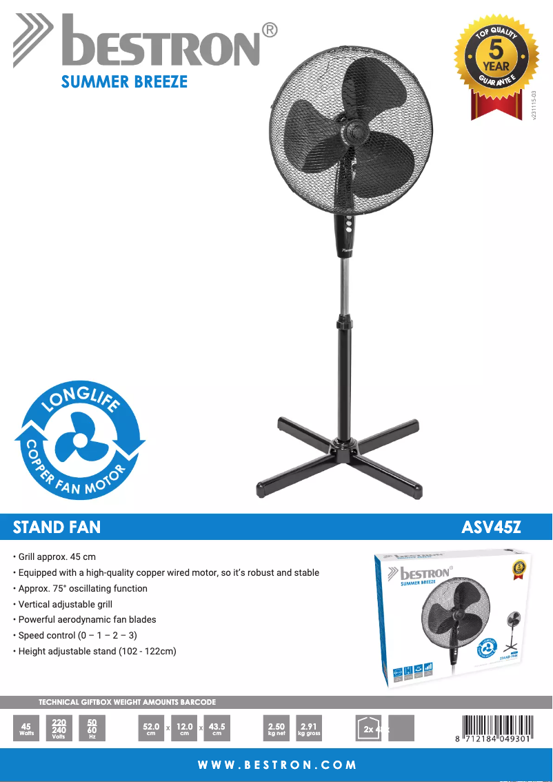 Page n°1 - Fiche technique Bestron ASV45Z