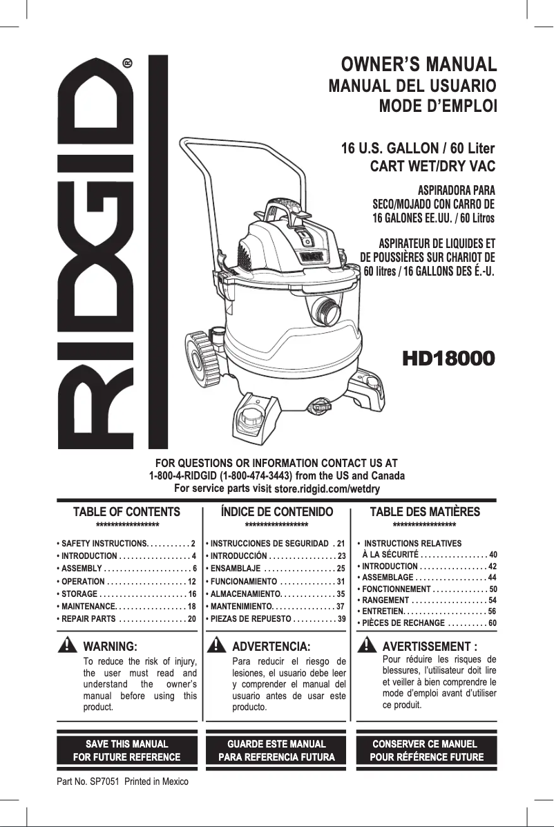 Página 1 del manual Manual de usuario Ridgid HD18000