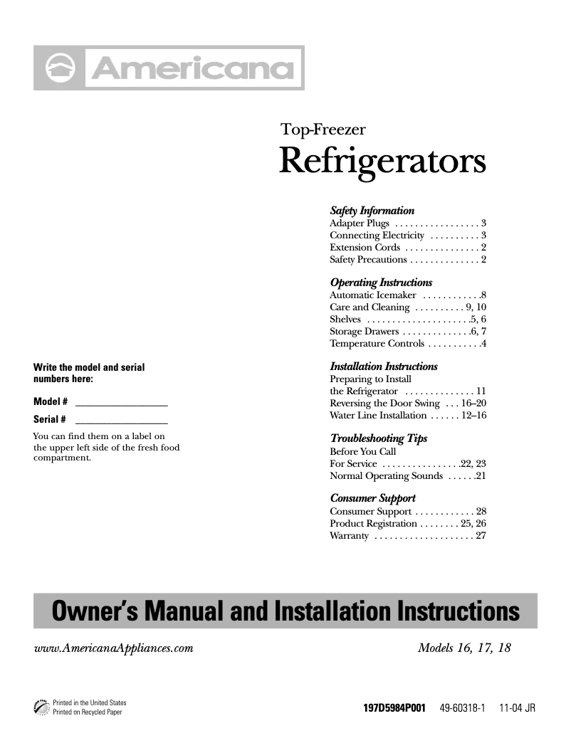 Page n°1 - Guide d'installation Americana A3317ABRWW