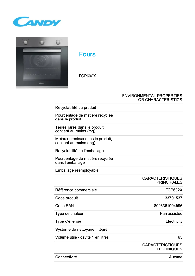 Page n°1 - Fiche technique Candy FCP602X
