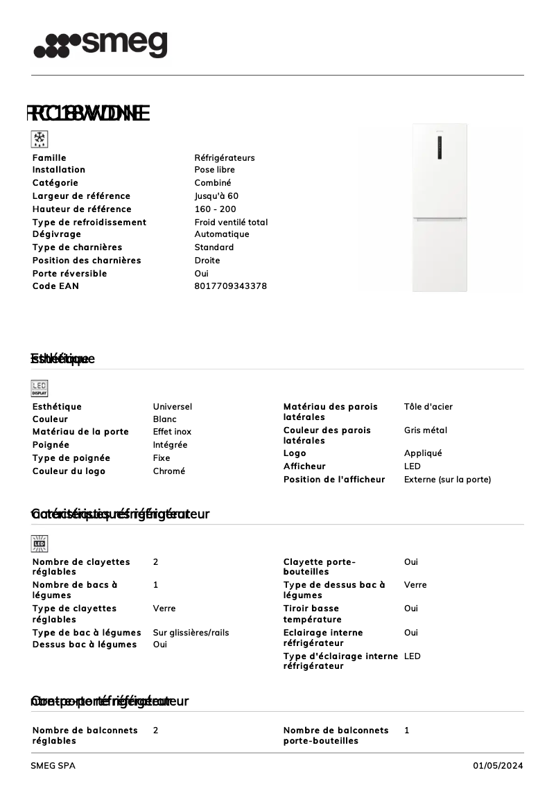 Page 1 de la notice Fiche technique Smeg RC18WDNE
