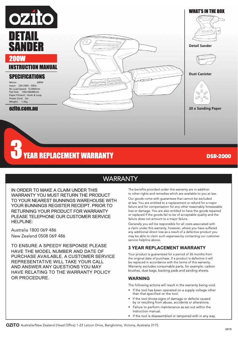 Page 1 de la notice Manuel utilisateur Ozito DSR-2000