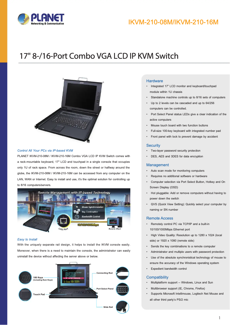 Page 1 de la notice Fiche technique Planet IKVM-210-16M