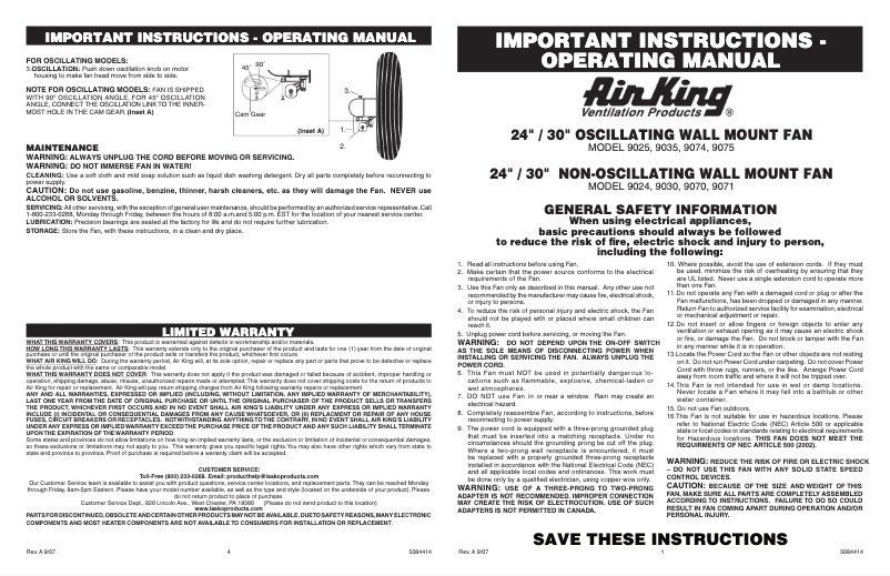 Page 1 de la notice Manuel utilisateur Air King 9071