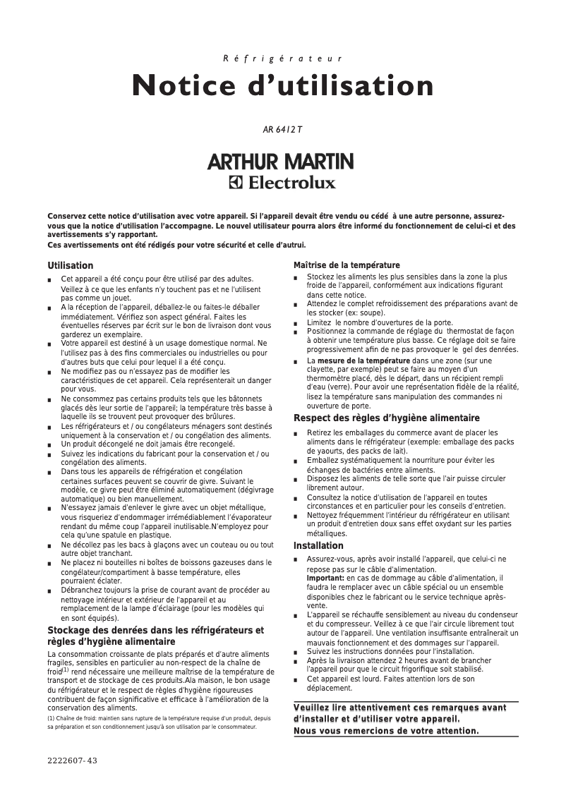 Página 1 del manual Manual de usuario Arthur Martin-Electrolux AR6412T