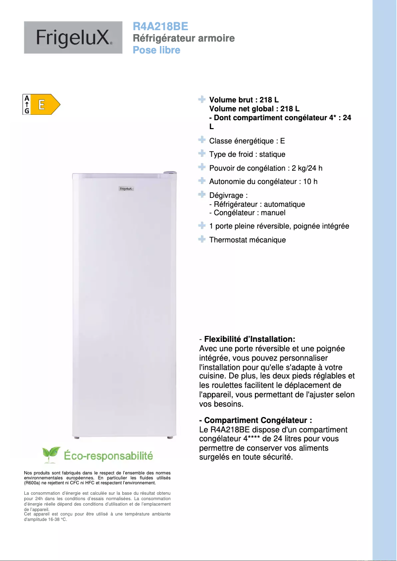 Página 1 del manual Ficha técnica FrigeluX R4A218BE