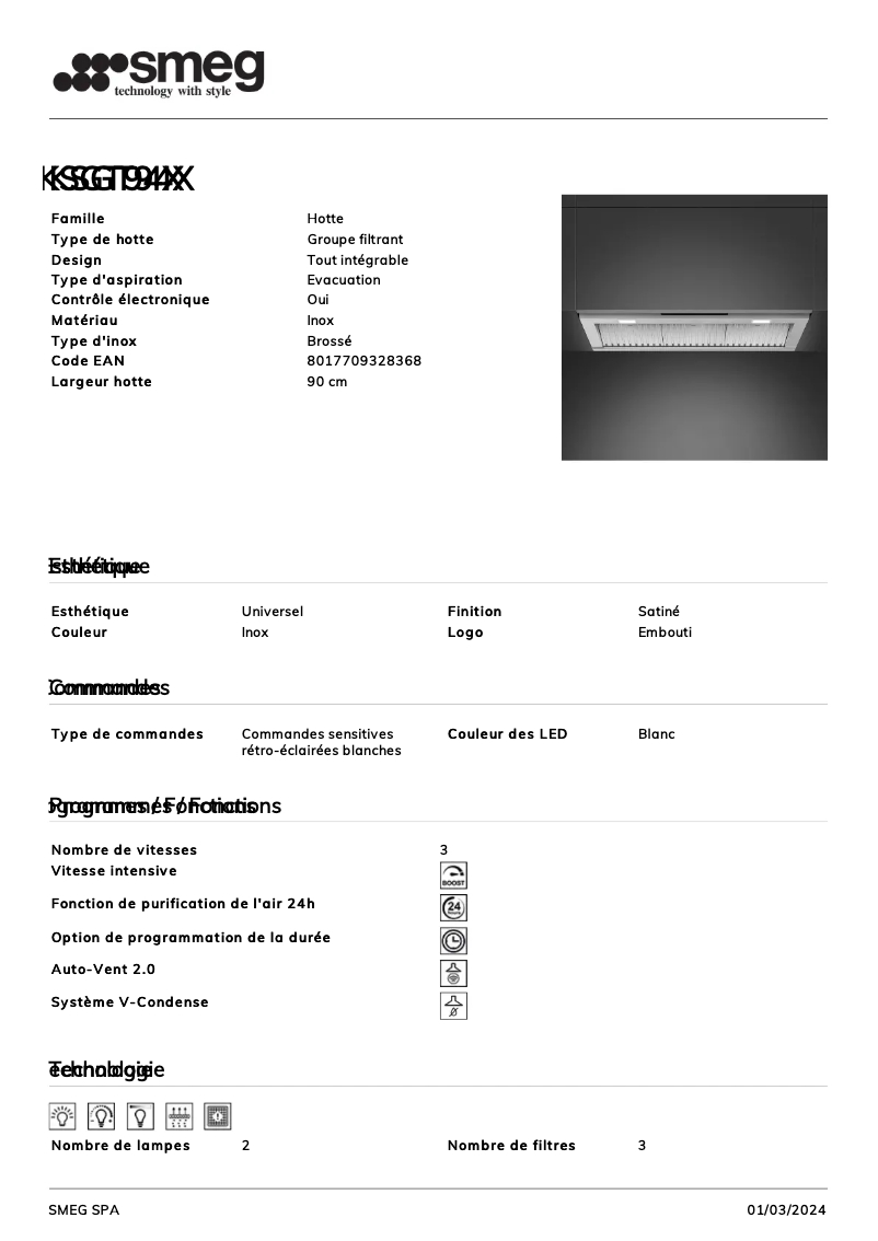 Page n°1 - Fiche technique Smeg KSGT94X