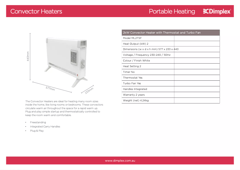 Page 1 de la notice Fiche technique Dimplex ML2TSF