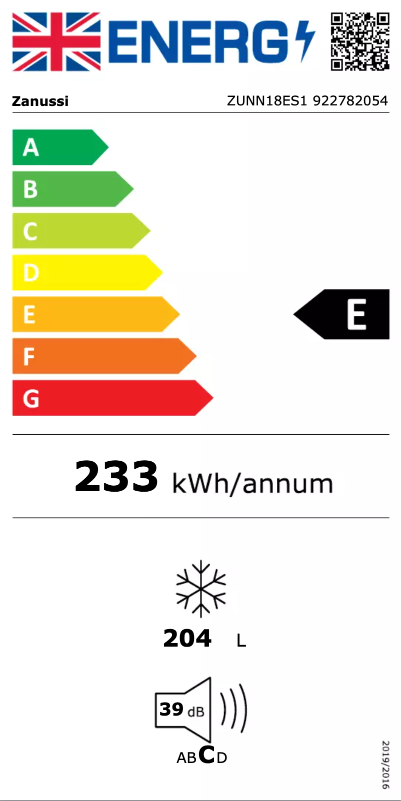 Page n°1 - Label énergétique Zanussi ZUNN18ES1