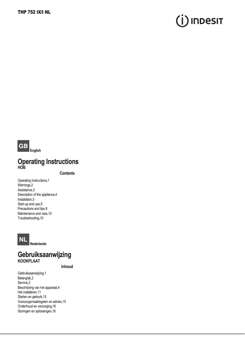 Page 1 de la notice Manuel utilisateur Indesit THP 752 IX/I