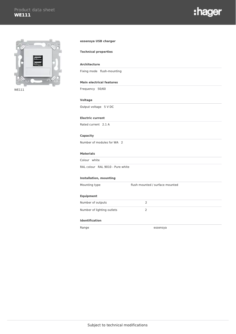 Page 1 de la notice Fiche technique Hager WE111