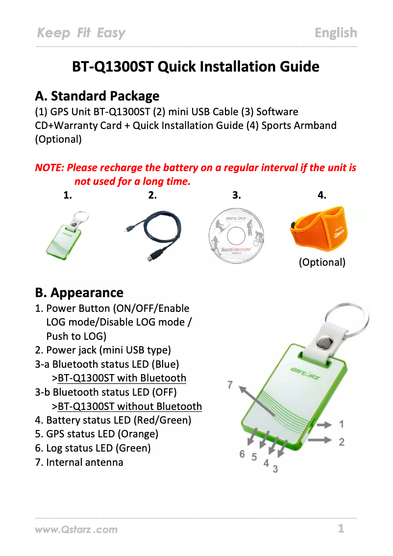 Page n°1 - Manuel utilisateur Qstarz BT-Q1300ST