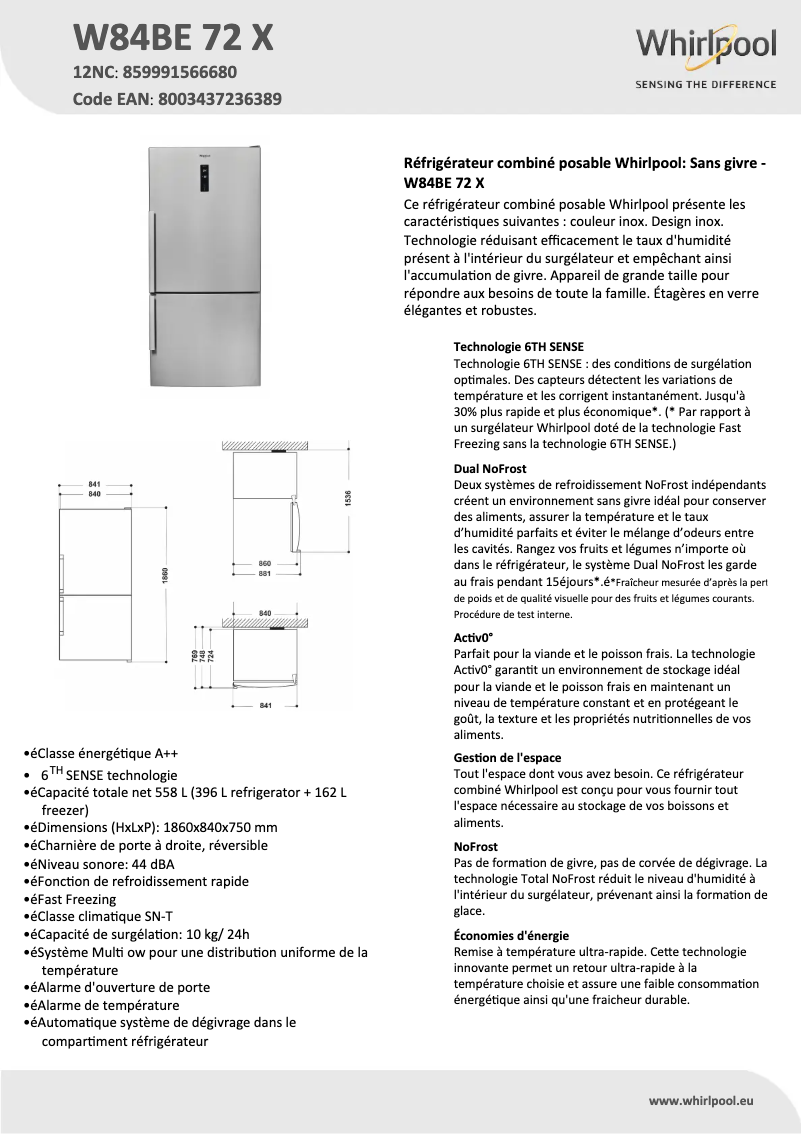 Image de la première page du manuel de l'appareil W84BE72X