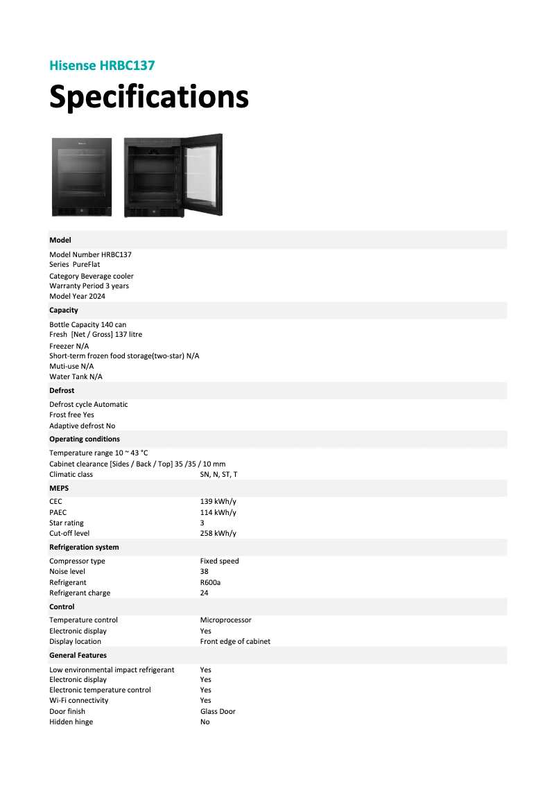 Page 1 de la notice Fiche technique Hisense HRBC137