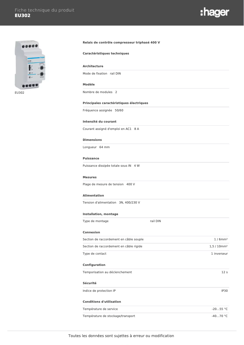 Page n°1 - Fiche technique Hager EU302