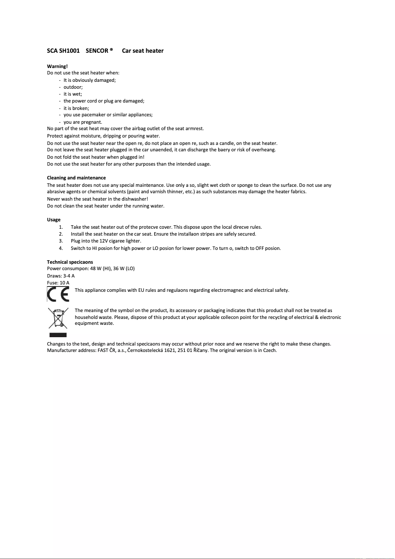 Page 1 of the manual User Manual Sencor SCA SH1001