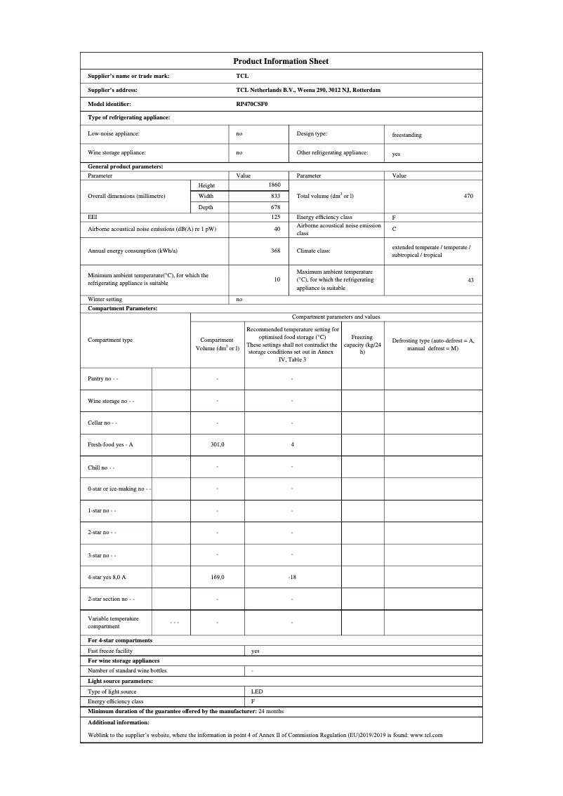 Page 1 de la notice Fiche technique TCL RP470CSF0