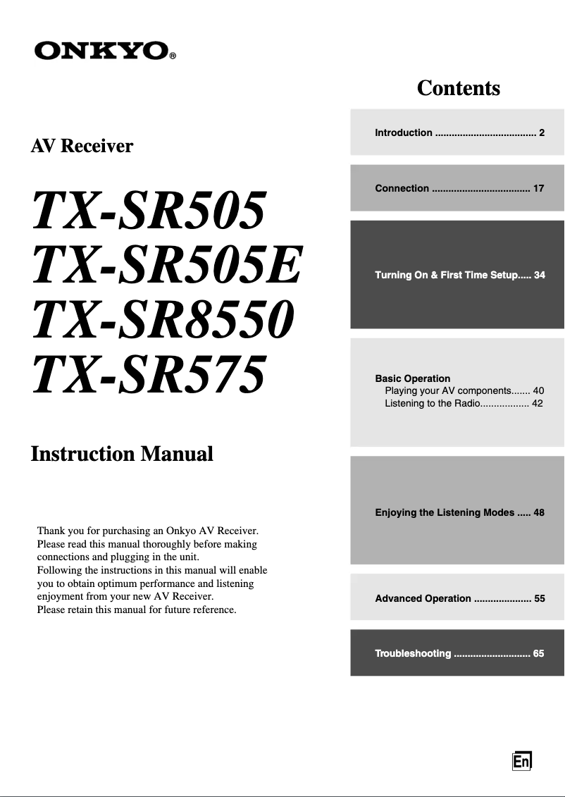 Page n°1 - Manuel utilisateur Onkyo TX-SR505