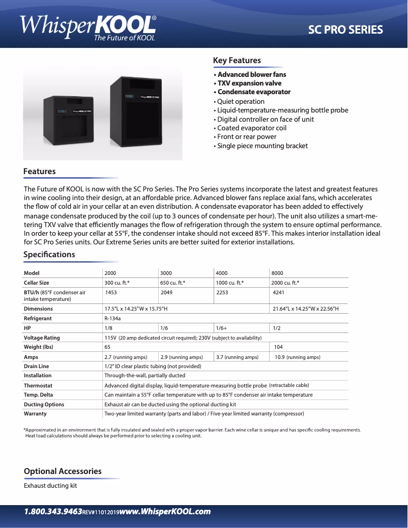 Page 1 de la notice Fiche technique WhisperKOOL U-WKSC8000-115-PRO