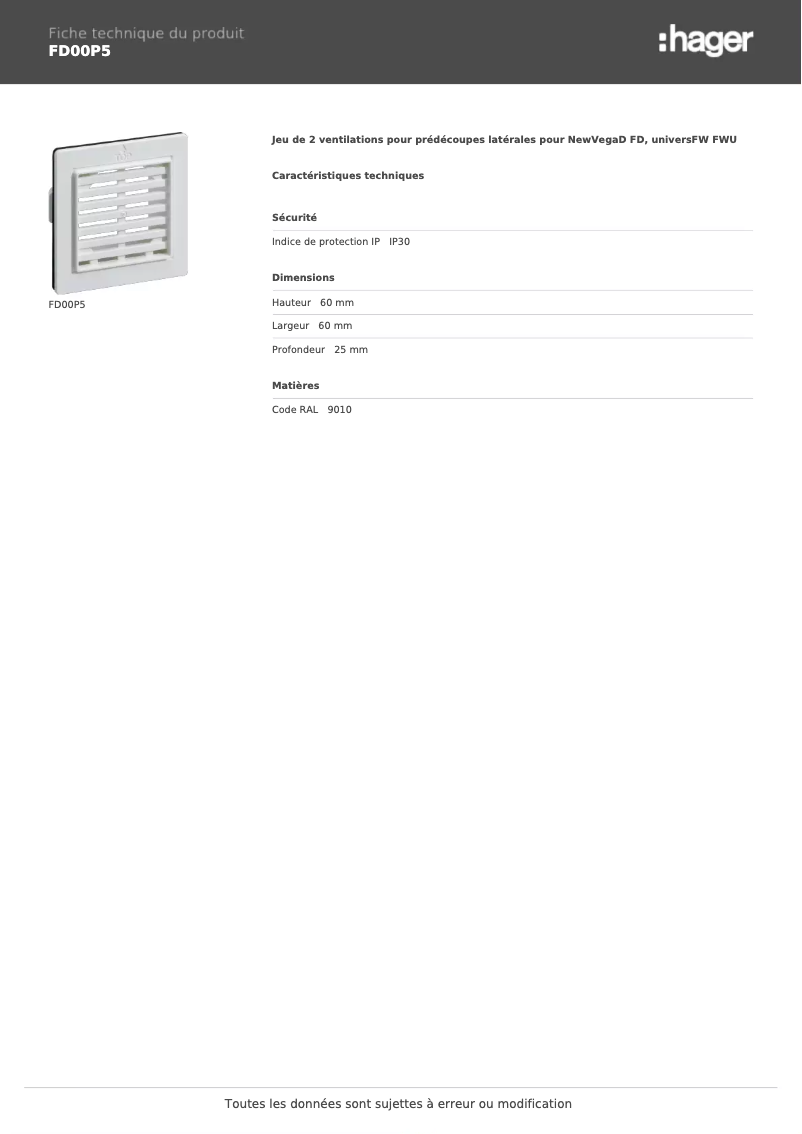 Page 1 de la notice Fiche technique Hager FD00P5